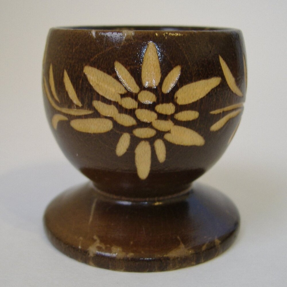 Carved Wood Egg Cup Floral Vintage Swiss Brown Footed Collectible Flowers Vines